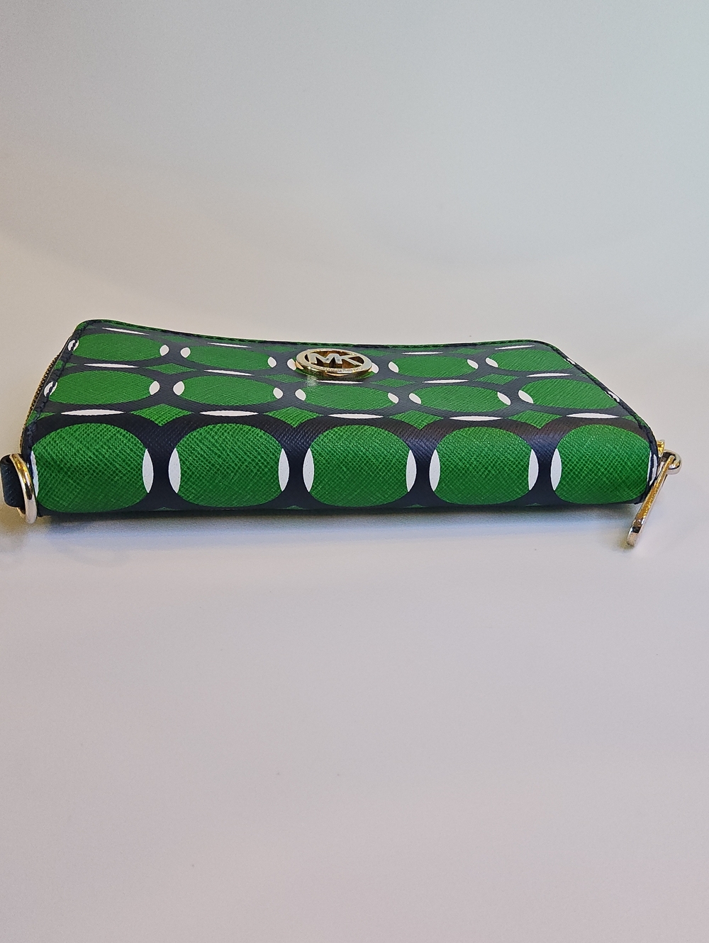 Michael Kors Green Geometric Zip-Around Wallet with Gold MK Medallion - Picture 5 of 8